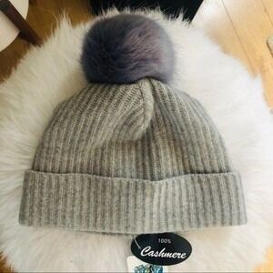 Portolano Cashmere & Faux Fur Pompom Beanie Hat, Gray, One Size, Luxurious, NWT